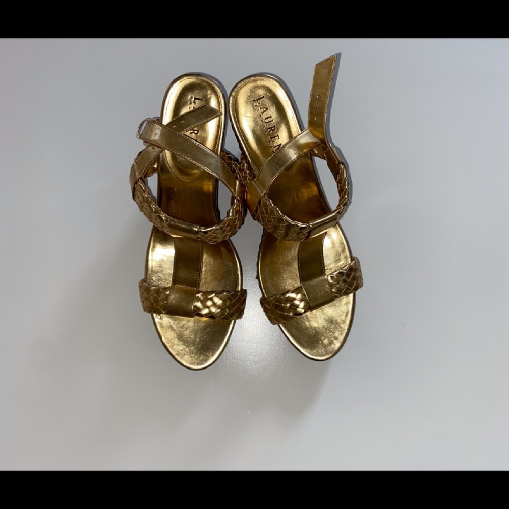 New gold metallic wedge sandals.